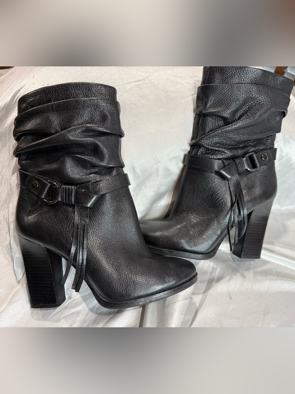 Guess Black Leather Slouch Ankle Boots with Buckle & Tassels